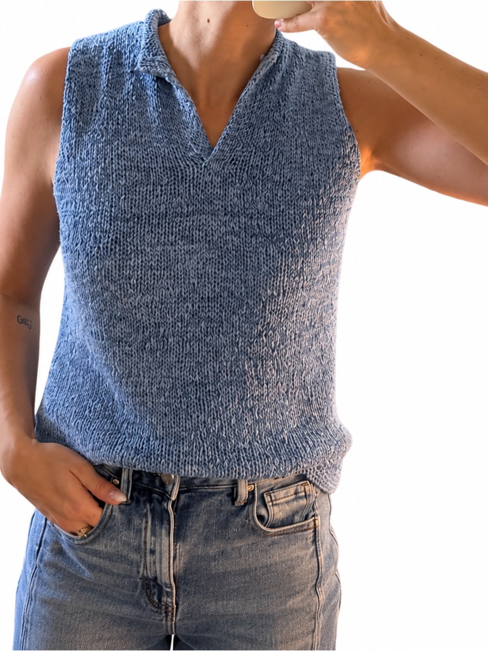 Sleeveless V-Neck Knit Tank in Dusty Blue